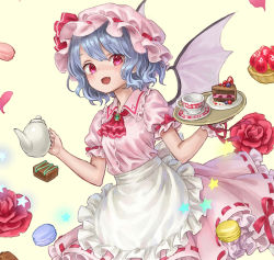 Rule 34 | 1girl, ama-tou, apron, ascot, bat wings, blue hair, broom, buttons, cake, chocolate, chocolate cake, cup, fang, flower, food, fruit, hat, hat ribbon, holding, looking at viewer, mob cap, open mouth, pink hat, puffy short sleeves, puffy sleeves, red eyes, red flower, red ribbon, red rose, remilia scarlet, ribbon, ribbon-trimmed skirt, ribbon-trimmed sleeves, ribbon trim, rose, short hair, short sleeves, skirt, skirt set, smile, solo, strawberry, teacup, teapot, touhou, tray, waist apron, wings, wrist cuffs, yellow background