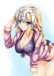 Rule 34 | 1girl, bikini, blonde hair, blue eyes, blush, braid, breasts, cleavage, collarbone, commentary request, fate/apocrypha, fate (series), hair between eyes, headpiece, jeanne d&#039;arc (fate), jeanne d&#039;arc (ruler) (fate), jeanne d&#039;arc (white cruising) (fate), large breasts, leaning forward, long hair, long sleeves, looking at viewer, ryokushiki (midori-ya), simple background, solo, swimsuit