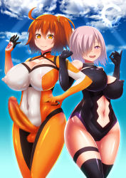 Rule 34 | 2girls, alternate costume, blush, bodysuit, breasts, bulge, censored, chaldea combat uniform, cilica, cleavage, closed mouth, covered erect nipples, curvy, elbow gloves, erection, erection under clothes, fate/grand order, fate (series), fujimaru ritsuka (female), fujimaru ritsuka (female) (chaldea combat uniform), futanari, gloves, hair over one eye, heart, heart-shaped pupils, huge breasts, impossible clothes, large breasts, looking at viewer, mash kyrielight, multiple girls, nipples, official alternate costume, open mouth, orange eyes, orange hair, penis, ponytail, purple eyes, purple hair, shiny clothes, shiny skin, short hair, side ponytail, sky, smile, symbol-shaped pupils, thick thighs, thighs