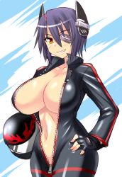 Rule 34 | 10s, 1girl, alternate costume, biker clothes, bikesuit, blush, bodysuit, breasts, cleavage, curvy, eyepatch, female focus, fingerless gloves, gloves, grin, hand on own hip, headgear, helm, helmet, kantai collection, konno tohiro, large breasts, looking at viewer, navel, no bra, open bodysuit, open clothes, orange eyes, purple hair, seductive smile, short hair, simple background, skin tight, smile, solo, tenryuu (kancolle), unzipped, wide hips