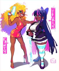 Rule 34 | 2girls, alternate skin color, big hair, blonde hair, blue eyes, blunt bangs, bow, breasts, character name, colored inner hair, dark-skinned female, dark skin, dreadlocks, dress, earrings, gold necklace, gothic lolita, grin, gun, hair bow, handgun, high heels, highres, holding, holding sword, holding weapon, hoop earrings, jewelry, katana, large breasts, lips, lolita fashion, long hair, medium breasts, mole, mole under eye, multicolored hair, multiple girls, nail polish, necklace, no bra, panty &amp; stocking with garterbelt, panty (psg), pink hair, pistol, pumps, purple hair, short dress, single thighhigh, smile, stiletto heels, stocking (psg), striped clothes, striped legwear, striped thighhighs, sword, thick thighs, thighhighs, thighs, torurii, two-tone hair, very long hair, weapon