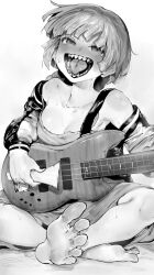 Rule 34 | 1girl, absurdres, bare shoulders, barefoot, bass guitar, blush, bocchi the rock!, braid, breasts, collarbone, dress, drunk, ear blush, feet, full-face blush, greyscale, highres, hiroi kikuri, holding, holding instrument, holding plectrum, instrument, jacket, long hair, looking at viewer, low-braided long hair, low-tied long hair, medium breasts, monochrome, niwarhythm, off-shoulder jacket, off shoulder, open clothes, open jacket, open mouth, plectrum, ringed eyes, sharp teeth, single braid, sitting, soles, solo, strap slip, sweat, teeth, toes