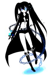 Rule 34 | 10s, 1girl, belt, bikini, bikini top only, black hair, black rock shooter, black rock shooter (character), blue eyes, blue theme, boots, chain, coat, flat chest, front-tie top, gloves, glowing, glowing eyes, hatsune miku, hood, hooded jacket, jacket, kaze13 (pixiv), knee boots, long hair, midriff, monochrome, navel, pale skin, short shorts, shorts, solo, spot color, star (symbol), swimsuit, twintails, uneven twintails, very long hair, vocaloid