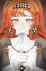 Rule 34 | 1girl, absurdres, braided sidelock, checkered hairband, cof fe e, dress, gloves, green eyes, grey cloak, grin, hands up, high collar, highres, long hair, looking at viewer, orange hair, own hands together, red background, reverse:1999, smile, solo, sonetto (reverse:1999), straight-on, teeth, two side up, upper body, white dress, white gloves