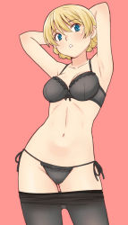 Rule 34 | 1girl, armpits, arms behind head, arms up, black bra, black panties, black pantyhose, blonde hair, blue eyes, bow, bow bra, bra, braid, breasts, clothes pull, collarbone, commentary, cowboy shot, crotch seam, darjeeling (girls und panzer), frilled bra, frilled panties, frills, girls und panzer, head tilt, looking at viewer, medium breasts, navel, panties, pantyhose, pantyhose pull, parted lips, pink background, short hair, side-tie panties, simple background, solo, standing, string panties, thighs, twin braids, underwear, underwear only, uona telepin