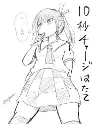 Rule 34 | 1girl, bags under eyes, checkered clothes, checkered skirt, drink pouch, dutch angle, from below, greyscale, hand up, himekaidou hatate, holding, holding behind back, looking to the side, monochrome, necktie, pointy ears, short sleeves, skirt, taurine 8000mg, touhou, translation request, twitter username