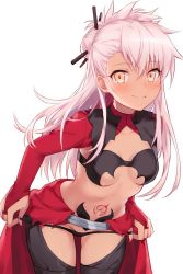 Rule 34 | 1girl, black panties, black thighhighs, blush, breasts, cape, chloe von einzbern, closed mouth, commentary request, dark-skinned female, dark skin, devil heavens, fate/kaleid liner prisma illya, fate (series), hair ornament, hair stick, highres, long hair, long sleeves, looking at viewer, medium breasts, panties, pink hair, simple background, smile, solo, stomach tattoo, tattoo, thighhighs, thighs, underboob, underwear, waist cape, white background, yellow eyes