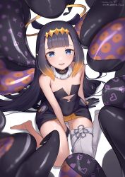 Rule 34 | 1girl, :d, absurdres, arm support, bare arms, bare shoulders, barefoot, between legs, black dress, black gloves, black hair, blue eyes, blush, brown hair, commentary, dated, dress, flat chest, gloves, gradient hair, half gloves, halo, hand between legs, highres, hirota fruit, hololive, hololive english, huge filesize, long hair, looking at viewer, mole, mole under eye, multicolored hair, ninomae ina&#039;nis, ninomae ina&#039;nis (1st costume), open mouth, shadow, single thighhigh, sitting, smile, solo, strapless, strapless dress, tentacles, thighhighs, twitter username, very long hair, virtual youtuber, wariza, white background, white thighhighs