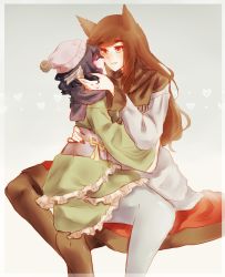 Rule 34 | 2girls, adapted costume, animal ears, beanie, blue hair, blush, brown hair, colored eyelashes, commentary, dress, fingernails, fins, green dress, hand on another&#039;s head, hand on another&#039;s hip, hat, head fins, highres, imaizumi kagerou, imminent kiss, long fingernails, long hair, long sleeves, mermaid, monster girl, multiple girls, nail polish, orz (kagewaka), pantyhose, red nails, scarf, sharp fingernails, sitting, sitting on lap, sitting on person, tail, touhou, wakasagihime, wide sleeves, wolf ears, wolf tail, yuri