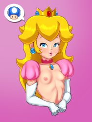 Rule 34 | 1girl, absurdres, blonde hair, blue eyes, breast focus, breasts, cropped torso, crown, earrings, elbow gloves, eyelashes, gloves, highres, jewelry, lips, long hair, looking at viewer, mario (series), mini mushroom, new super mario bros., nintendo, nipples, nude, outline, parted lips, perky breasts, pink background, pink lips, princess, princess peach, puckered lips, puffy nipples, shiny skin, simple background, sleepiitreat, small breasts, smile, solo, thick lips, upper body, white gloves