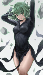 1girl, :o, absurdres, arms up, bangs, black dress, breasts, collarbone, covered navel, dress, feet out of frame, green eyes, green hair, grey background, harui (huruyi 817), highres, looking at viewer, medium breasts, medium hair, one-punch man, open mouth, rubble, simple background, solo, swept bangs, tatsumaki