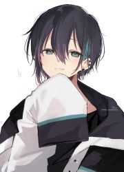 Rule 34 | 1boy, absurdres, black hair, black shirt, blue eyes, blue hair, ear piercing, earrings, hair between eyes, hand up, highres, jacket, jewelry, long sleeves, looking at viewer, male focus, mayuzumi kai, multicolored hair, nijisanji, open clothes, open jacket, parted lips, piercing, shirt, signature, simple background, sleeves past fingers, sleeves past wrists, smile, sofra, solo, streaked hair, twitter username, virtual youtuber, white background, white jacket