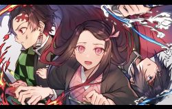 Rule 34 | 1girl, 2boys, bad id, bad pixiv id, black hair, black jacket, blue eyes, blush, brown hair, commentary request, coyucom, earrings, gradient hair, highres, holding, holding sword, holding weapon, jacket, japanese clothes, jewelry, kamado nezuko, kamado tanjirou, katana, kimetsu no yaiba, kimono, letterboxed, long hair, long sleeves, looking at viewer, looking away, multicolored hair, multiple boys, open clothes, open mouth, parted lips, pink eyes, pink kimono, profile, red eyes, scar, scar on face, scar on forehead, sword, tomioka giyuu, very long hair, weapon, wide sleeves