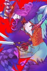 Rule 34 | abs, blue eyes, cape, colored skin, fate/grand order, fate (series), frills, grin, hat, jacket, long hair, mephistopheles (fate), pants, purple hair, red background, smile, tattoo, white skin