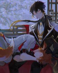 Rule 34 | 2boys, absurdres, architecture, blush, east asian architecture, fox tail, genshin impact, hand on another&#039;s head, head on another&#039;s leg, highres, lap pillow, multiple boys, necha n, petting, sleeping, tail, tartaglia (genshin impact), zhongli (genshin impact)