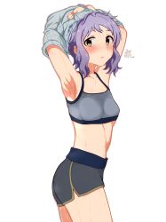 Rule 34 | 1girl, absurdres, armpits, arms up, blush, breasts, highres, idolmaster, idolmaster million live!, looking back, makabe mizuki, milliani, parted lips, purple hair, short hair, shorts, sidelocks, simple background, small breasts, sports bra, stained clothes, steam, steaming body, stomach, sweat, sweaty clothes, translation request, undressing, upper body, wet, white background, yellow eyes