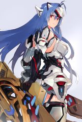 Rule 34 | 1girl, android, bad id, bad twitter id, bare shoulders, blue hair, breasts, elbow gloves, expressionless, forehead protector, gloves, highres, kos-mos, kos-mos re:, large breasts, leotard, long hair, looking at viewer, looking back, mono (jdaj), nintendo, red eyes, solo, standing, thighhighs, very long hair, white leotard, xenoblade chronicles (series), xenoblade chronicles 2, xenoblade chronicles (series), xenoblade chronicles 2, xenosaga
