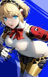 Rule 34 | 1girl, aegis (persona), android, armband, blonde hair, blue eyes, bow, breasts, hair between eyes, highres, joints, leaning forward, looking at viewer, mechanical parts, nakano maru, open mouth, persona, persona 3, red armband, ribbon, ringed eyes, robot girl, robot joints, s.e.e.s, short hair, solo