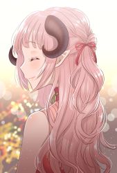 Rule 34 | 1girl, backlighting, bare arms, bare shoulders, blurry, blush, bokeh, closed eyes, closed mouth, curled horns, depth of field, dress, facing viewer, from behind, gradient background, hair ribbon, horns, iriam, light particles, long hair, myusha, pink dress, pink hair, pointy ears, profile, red ribbon, ribbon, ribbon trim, sidelocks, sleeveless, sleeveless dress, smile, solo, turtleneck, turtleneck dress, virtual youtuber, wavy hair, white background