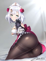 Rule 34 | absurdres, armor, ass, breasts, brown pantyhose, genshin impact, gluteal fold, green eyes, highres, large breasts, maid, maid headdress, noelle (genshin impact), pale rider (paleriderz), pantyhose, self-upload, solo, thighhighs, thighs, white hair