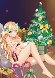 Rule 34 | 1girl, absurdres, aqua bow, aqua eyes, arm under breasts, azur lane, blonde hair, bow, box, breasts, can, candy, candy cane, christmas ornaments, christmas tree, convenient censoring, cross, drink can, dropping, emile bertin (azur lane), feet, food, foreshortening, gift, gift bag, gift box, gradient background, green ribbon, hair bow, hand on own thigh, highres, indoors, knee up, large breasts, long hair, looking at viewer, nail polish, nude, on floor, open mouth, parted bangs, pink nails, reclining, ribbon, sitting, snow, soda, soda can, solo, tareme, the hermit, thighs, tongue, wavy hair, yellow ribbon