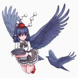 Rule 34 | 1girl, bird, bird tail, bird wings, black bird, black bow, black bowtie, black hair, black skirt, black tail, black wings, bow, bowtie, channel ikihaji, closed mouth, collared shirt, commentary request, crow, feathered wings, flying, frilled skirt, frills, full body, geta, hat, highres, holding, holding newspaper, medium hair, newspaper, pointy ears, pom pom (clothes), puffy short sleeves, puffy sleeves, red eyes, red footwear, red headwear, shameimaru aya, shirt, short sleeves, simple background, skirt, smile, socks, tail, tengu-geta, tokin hat, touhou, white background, white shirt, white socks, wings