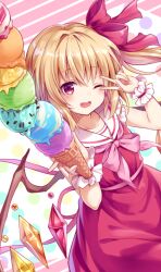Rule 34 | 1girl, ;d, blonde hair, bow, breasts, crystal, dress, flandre scarlet, hair bow, holding food, holding ice cream, ice cream, kure~pu, medium hair, one eye closed, one side up, open mouth, purple eyes, red dress, simple background, small breasts, smile, solo, touhou, v over eye, white background, wings