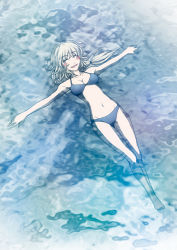 Rule 34 | 1girl, afloat, barefoot, bikini, blonde hair, blush, breasts, cleavage, floating, happy, imizu (nitro unknown), large breasts, partially submerged, soaking feet, solo, swimsuit, water