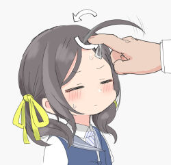 Rule 34 | 1boy, 1girl, admiral (kancolle), arrow (symbol), black hair, blush, closed eyes, closed mouth, commentary, forehead, grey background, hair ornament, hair ribbon, hairclip, inagi (kancolle), kantai collection, koeda (koeda1kg), long sleeves, ribbon, simple background, sweat, symbol-only commentary, twintails, upper body, yellow ribbon