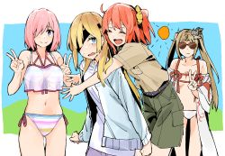 4girls, alternate costume, bangs, bare shoulders, belt, belt buckle, bikini, blonde hair, blue eyes, blue sky, blush, breasts, brown-tinted eyewear, brown hair, buckle, chaldea pathfinder, cleavage, closed mouth, collarbone, commentary request, day, double v, eyebrows visible through hair, eyepatch, eyes closed, fate/grand order, fate (series), fujimaru ritsuka (female), glasses, green shorts, hair ornament, hair over one eye, highres, hug, hug from behind, jacket, long hair, long sleeves, looking at another, looking at viewer, looking to the side, mash kyrielight, multiple girls, naosuke (morioka shachuu), navel, official alternate costume, open clothes, open jacket, open mouth, ophelia phamrsolone, orange hair, outdoors, pink hair, pocket, purple eyes, robe, scout uniform, see-through, shirt, short hair, short sidetail, short sleeves, shorts, side-tie bikini, sky, smile, striped, striped bikini, sun, sunglasses, sweatdrop, swimsuit, swimsuit of perpetual summer ver.02, tinted eyewear, twintails, uniform, v, white bikini, white jacket, white shirt, yu mei-ren (fate), yu mei-ren (swimsuit lancer) (fate)