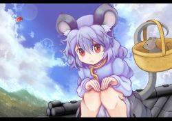 Rule 34 | 1girl, :&lt;, animal ears, cloud, colored eyelashes, day, female focus, flying saucer, hands on own knees, letterboxed, mouse (animal), mouse ears, mouse tail, nazrin, qontamblue, rooftop, sky, solo, spacecraft, squatting, staring, tail, touhou, ufo, unzan, v