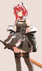 Rule 34 | 1girl, arknights, artist name, belt, black dress, black jacket, black thighhighs, breasts, chest strap, cleavage, closed mouth, commentary, dated commentary, detached sleeves, dress, expressionless, feet out of frame, grey background, holding, holding sword, holding weapon, horns, id card, jacket, long hair, long sleeves, looking at viewer, off shoulder, purple eyes, red hair, simple background, skeptycally, sleeveless, sleeveless dress, solo, surtr (arknights), sword, thighhighs, weapon, zettai ryouiki