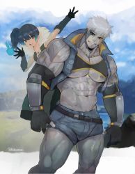 Rule 34 | 1boy, 1girl, abs, arm tattoo, artist name, bara, biceps, black hair, blue hair, blurry, blurry background, bulge, cloud, cloudy sky, crop top, denim, elbow gloves, gauntlets, gloves, grasslands, highres, jacket, jeans, jewelry, lanz (xenoblade), large pectorals, leather, leather belt, long hair, male focus, multicolored hair, muscular, muscular male, necklace, nipples, open clothes, open jacket, open mouth, pants, pectorals, ponytail, robokeh, sena (xenoblade), short shorts, shorts, signature, silver skin, sky, smile, smirk, tattoo, teeth, thick arms, thick eyebrows, thick thighs, thighs, tight clothes, tongue, water, white hair, xenoblade chronicles (series), xenoblade chronicles 3