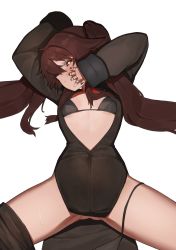 Rule 34 | 1girl, arm up, black bra, black panties, black shirt, black shorts, blush, bra, breasts, brown hair, covered erect nipples, flasso, genshin impact, gluteal fold, half-closed eyes, highres, hu tao (genshin impact), jewelry, looking at viewer, lying, on back, panties, panties around leg, red eyes, ring, shirt, shorts, simple background, small breasts, solo, symbol-shaped pupils, thighs, twintails, underboob, underwear, white background