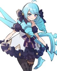 Rule 34 | 1girl, ahoge, bare shoulders, black bow, bow, breasts, brown pantyhose, collarbone, detached sleeves, dress, drill hair, gloves, green hair, gwen (league of legends), hair bow, highres, holding, holding scissors, league of legends, long hair, looking at viewer, oversized object, pantyhose, scissors, small breasts, smile, solo, twin drills, twintails, yua (bokubo0806)