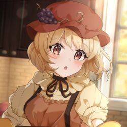 Rule 34 | 1girl, :o, aki minoriko, apron, black ribbon, blonde hair, blurry, blurry background, blush, breasts, brown apron, brown hat, chromatic aberration, depth of field, frilled apron, frills, grape hat ornament, hair between eyes, hat, head tilt, highres, indoors, kitchen, looking at viewer, medium breasts, medium hair, mob cap, neck ribbon, open mouth, red eyes, ribbon, sleeves rolled up, solo, suspenders, tile wall, tiles, touhou, upper body, wheat retzel