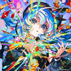 1girl album_cover beret black_dress black_hat blue_eyes blue_hair breasts copyright_notice cover dress floating_hair glowing hand_on_own_chest hat highres hololive hoshimachi_suisei hoshimachi_suisei_(casual) jacket long_sleeves looking_at_viewer mika_pikazo official_alternate_costume official_art open_clothes open_hand open_jacket pastel_colors small_breasts solo star_(symbol) star_in_eye symbol_in_eye virtual_youtuber zipper