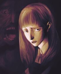 Rule 34 | 1girl, blunt bangs, closed mouth, collared shirt, dark, dark background, fear &amp; hunger 2: termina, hair behind ear, hair between eyes, highres, long hair, maliciouspearly, monster, nose, open mouth, samarie (fear &amp; hunger), shirt, solo, teeth
