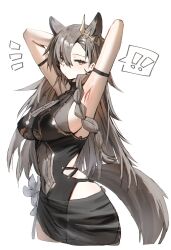 Rule 34 | !, !!, 1girl, alternate costume, animal ears, arknights, armpits, arms behind head, arms up, black one-piece swimsuit, black sarong, braid, breasts, commentary request, ear ornament, grey hair, highres, horn/wood, large breasts, long hair, looking at viewer, mole, mole above eye, one-piece swimsuit, penance (arknights), sarong, see-through sarong, simple background, single braid, solo, spoken exclamation mark, swimsuit, tail, white background, wolf ears, wolf girl, wolf tail, yellow eyes
