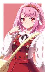 Rule 34 | 1girl, bag, blush, closed mouth, dress, fire emblem, fire emblem engage, hairband, highres, lapis (fire emblem), long sleeves, looking at viewer, minamonochaba, nintendo, official alternate costume, pink eyes, pink hair, red dress, red hairband, shirt, shirt under dress, shoulder bag, smile, solo, upper body, white shirt, yellow bag