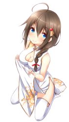 Rule 34 | 10s, 1girl, absurdres, ahoge, antenna hair, asymmetrical hair, bare shoulders, blue eyes, blush, braid, breasts, brown hair, china dress, chinese clothes, cleavage, cleavage cutout, clothing cutout, colorized, dress, female focus, floral print, full body, hair between eyes, hair ornament, hair over shoulder, highres, kantai collection, ki (kk-sk-ray), large breasts, long hair, looking at viewer, saku (kudrove), shigure (kancolle), side braid, side slit, single braid, sitting, smile, solo, thighhighs, thighs, white thighhighs