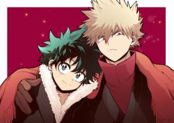 Rule 34 | 2boys, bakugou katsuki, black coat, blonde hair, boku no hero academia, border, brown gloves, cho mo futoshi, closed mouth, coat, freckles, fringe trim, frown, fur-trimmed coat, fur trim, gloves, green eyes, green hair, hand on another&#039;s shoulder, high collar, male focus, midoriya izuku, multiple boys, official alternate costume, outside border, red background, red eyes, red scarf, red shirt, scarf, shared clothes, shared scarf, shirt, simple background, smile, spiked hair, white border