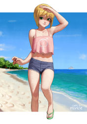 Rule 34 | 1boy, ?, artist name, bare shoulders, beach, blonde hair, boku no pico, camisole, carlo montie, collarbone, commentary, crop top, crop top overhang, day, english commentary, eyelashes, flip-flops, green eyes, highres, horizon, lips, looking at viewer, male-female symbol, male focus, midriff, navel, ocean, outdoors, outside border, pico (boku no pico), sand, sandals, shading eyes, short hair, short shorts, shorts, sky, smile, solo, spaghetti strap, sunlight, trap, walking, water