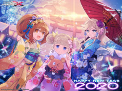 Rule 34 | 3girls, azure striker gunvolt, blade (gunvolt), highres, japanese clothes, kimono, kohaku (gunvolt), luminous avenger ix, maria (gunvolt), multiple girls, parasol, umbrella