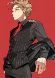 Rule 34 | 1boy, black pants, black shirt, black suit, blonde hair, boku no hero academia, buttons, double-breasted, earrings, facial hair, facial mark, from below, goatee, hawks (boku no hero academia), jacket, jacket partially removed, jewelry, kadeart, looking at viewer, male focus, narrowed eyes, necktie, pants, pinstripe pattern, pinstripe vest, pocket, red background, red necktie, ring, shirt, short hair, sideburns, solo, striped, stubble, stud earrings, suit, twitter username, vest, waistcoat, wing collar, yellow eyes