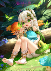 Rule 34 | 1girl, absurdres, blush, bug, butterfly, clothing cutout, cross-shaped pupils, eyelashes, feet, flower, forest, full body, fungi (genshin impact), genshin impact, gradient hair, grass, green eyes, green hair, grey hair, grey shorts, hair between eyes, hand up, highres, holding, insect, knees together feet apart, knees up, legs, log, long hair, looking at viewer, multicolored hair, mushroom, nahida (genshin impact), nature, no shoes, outdoors, pointy ears, ponytail, shiny skin, short sleeves, shorts, shoulder cutout, skym (kumei), socks, soles, stirrup legwear, symbol-shaped pupils, thighs, toeless legwear, toenails, toes