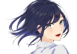 Rule 34 | :d, blue hair, blush, collared shirt, floating hair, from behind, green eyes, looking at viewer, looking back, nijisanji, open mouth, shirt, shizuka rin, simple background, smile, solo, tsumetsume zerii, upper body, virtual youtuber, white background, white shirt