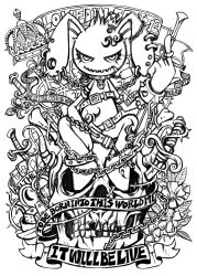 Rule 34 | animal ears, belt, rabbit, rabbit ears, card, chain, crown, dice, ear piercing, english text, flower, greyscale, highres, lineart, looking at viewer, monochrome, no humans, original, piercing, playing card, project.c.k., sketch, skull, solo, sword, weapon, white background, unfinished