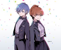 Rule 34 | 1boy, 1girl, blue eyes, breasts, brown hair, commentary request, formal, looking at viewer, persona, persona 3, persona 3 portable, shiomi kotone, short hair, simple background, sionne7724, smile, suit, yuuki makoto (persona 3)