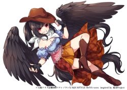 Rule 34 | 1girl, bandana, black gloves, black wings, boots, breasts, brown footwear, brown hat, cleavage, commentary request, copyright name, copyright notice, cowboy hat, fingerless gloves, full body, game cg, gloves, hat, high heel boots, high heels, knee boots, kozakura (dictionary), kurokoma saki, long hair, looking at viewer, medium breasts, multicolored clothes, off shoulder, pegasus wings, ponytail, red eyes, simple background, solo, touhou, touhou danmaku kagura, white background, white bandana, wings